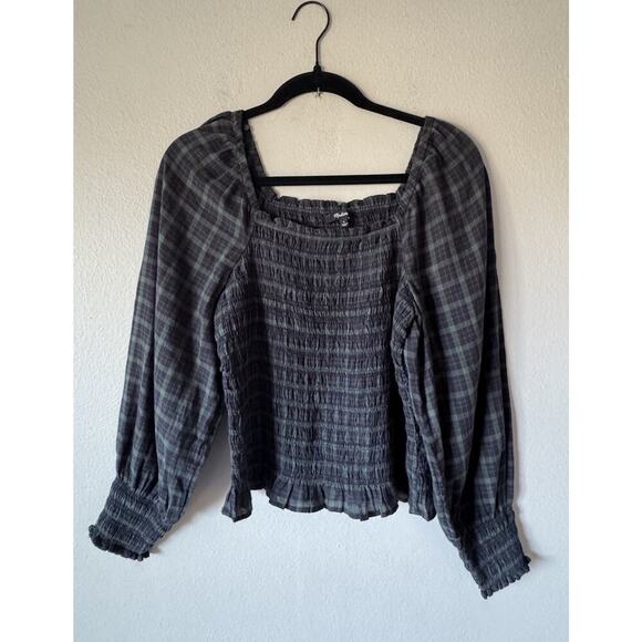 Madewell Tops - Madewell Lucie Bubble Sleeve Smocked Top Women’s Size Small Green Black Blouse